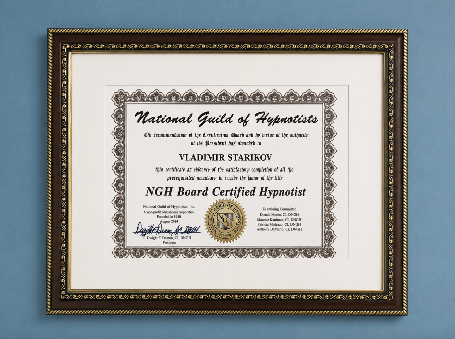 Сертификат NGH Board Certified Hypnotist на имя Владимира Старикова